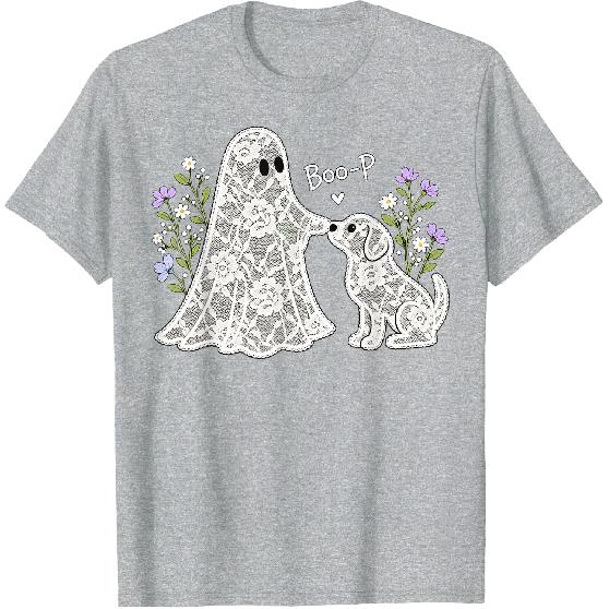 Boo-P Floral Ghost and Dog Halloween Boop Humor Design T-Shirt