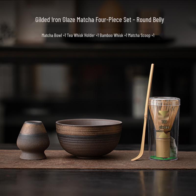 Gilded Iron Glaze Retro Matcha Tools: Tea Scoop, Matcha Bowl, Hundred Bristles Brush, Song Dynasty Tea Ceremony Set