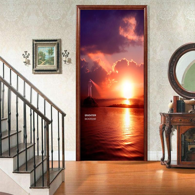 Schöne Landschaft Tür Kühlschrank Dekoration Aufkleber Sonnenuntergang einfache abstrakte Linien Bambus Tapete für Wohnzimmer Home Decor Schlafzimmer Kunst Aufkleber
