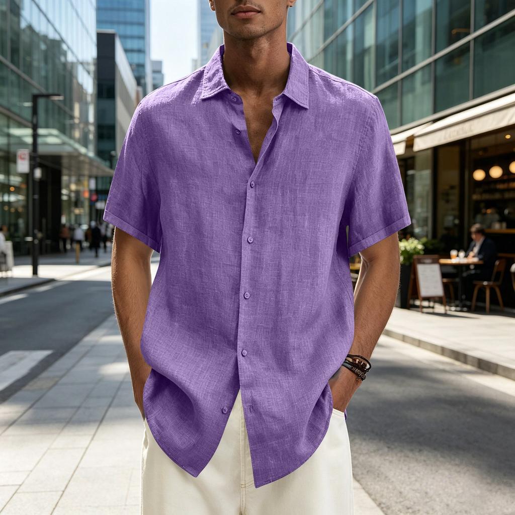 Men's Short Sleeve Button Down Shirt Lightweight Linen Blend Casual Loose Fit Summer Top with V Neck Collar