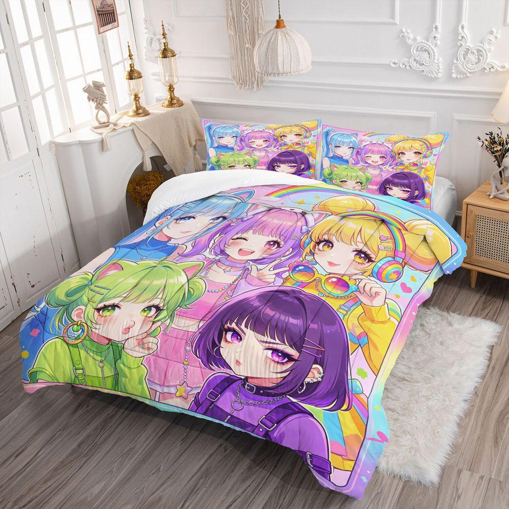Cute Anime Girls Picnic Comforter Set 3D Digital Print Bedding Set Soft Microfiber Quilt Cover for Teen Bedroom Dorm Home
