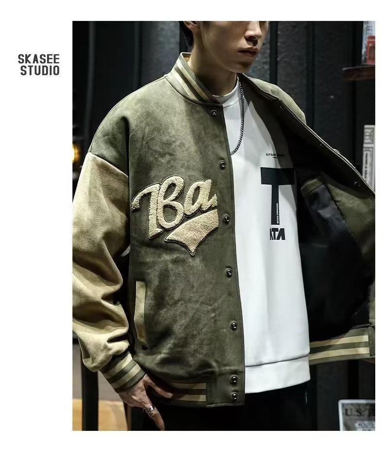 Men's Suede Embroidered Retro Bomber Jacket - Spring/Autumn