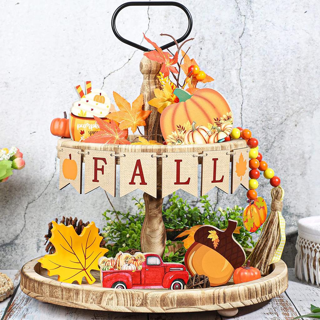 Thanksgiving Wooden Layered Tray Decorative Crafts Fall Pumpkin Maple Leaf Truck Farmhouse Party