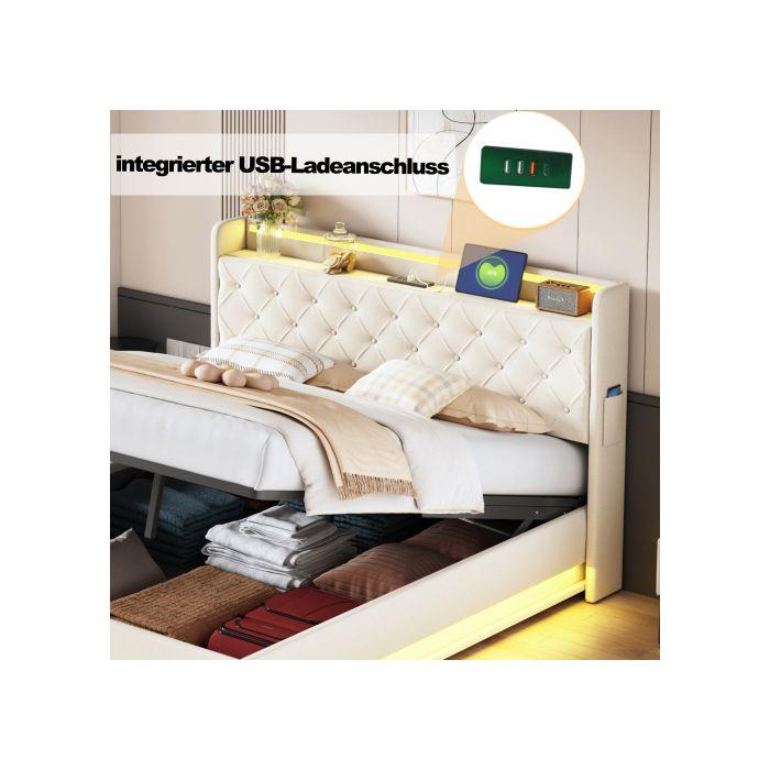 Lit - MUVOE - 160x200 Cm - LED Avec USB - Rangement Hydraulique - Tissu En Lin Beige