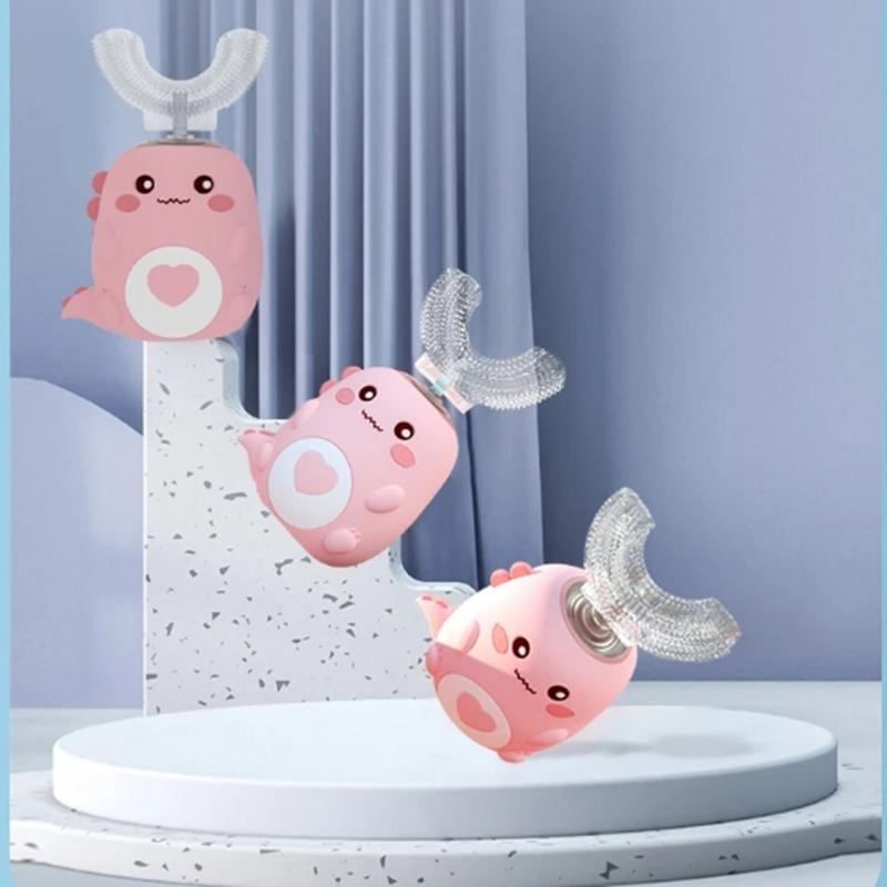 Kinder U-förmige elektrische Zahnbürste 360 Grad Smart Cartoon Kinder Silikon-Zahnbürste Automatische wiederaufladbare Schallzahnbürste