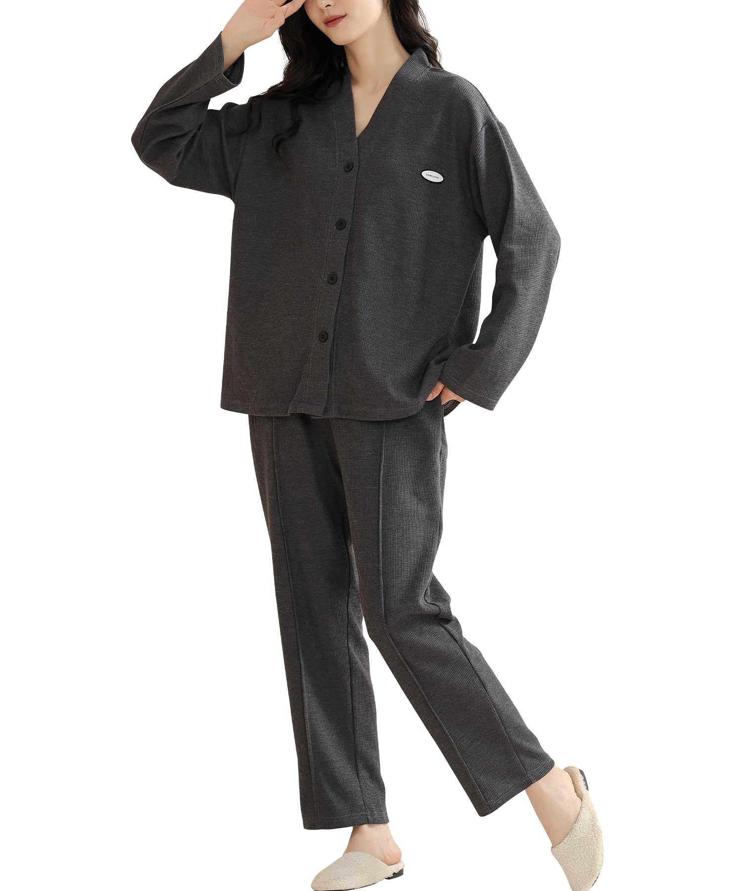 

PHOLEEY Cotton Pajama Long Sleeve Solid Dark for Fall and Winter Women s 100% Set, Button-Up Loungewear, Gray,