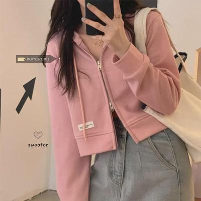 Women's Short Pink Hooded Cardigan with Zipper - Niche Design for Spring/Summer