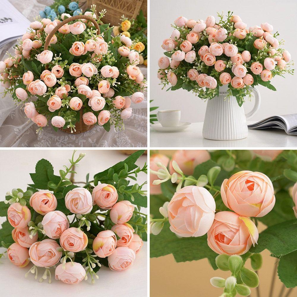 Multicolor Tea Rose Artificial Flower 15 Heads Faux Flower Simulation Rose Flower Table Decor