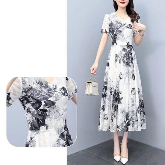 Women's Summer Flowy Chiffon Maxi Dress Casual Short Sleeve V Neck Long Dress Boho Floral Beach Sundress