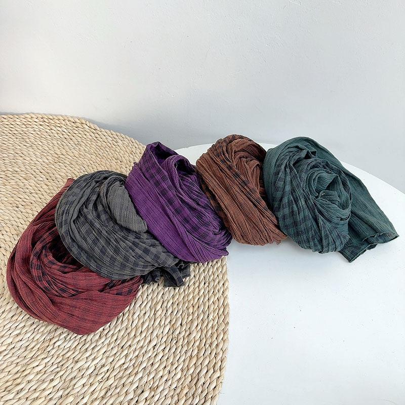 Vintage Women's Checkerboard Scarf Autumn Long Pleated Cotton Linen Soft Scarves and Shawls 60*240cm