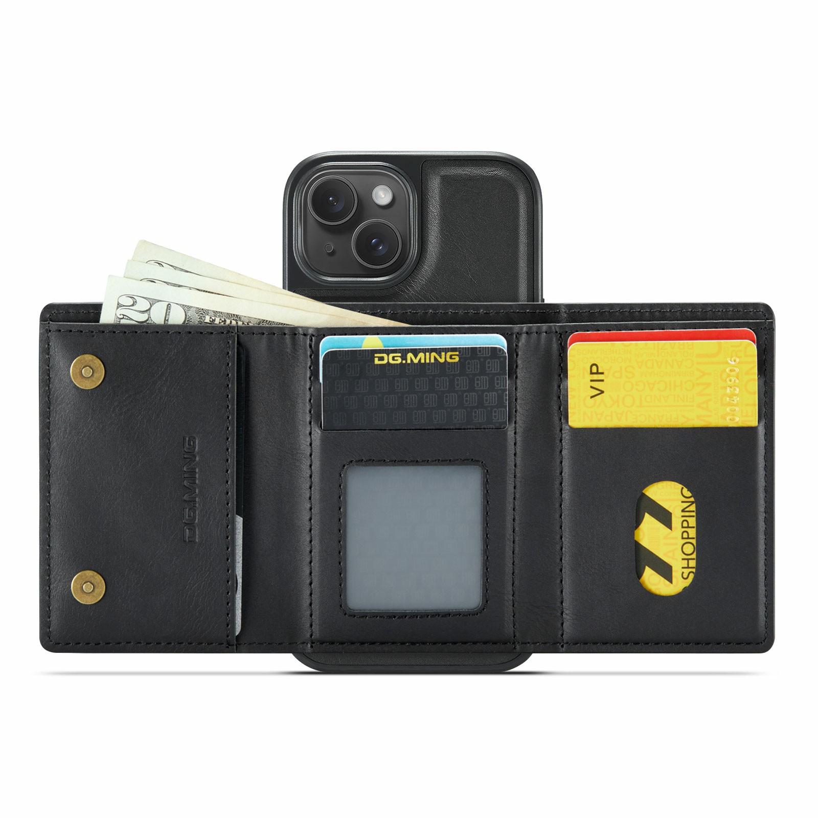 

DG.MING M6 Series For iPhone 14 Case Magnetic Wallet PU+PC+TPU Phone Cover Black