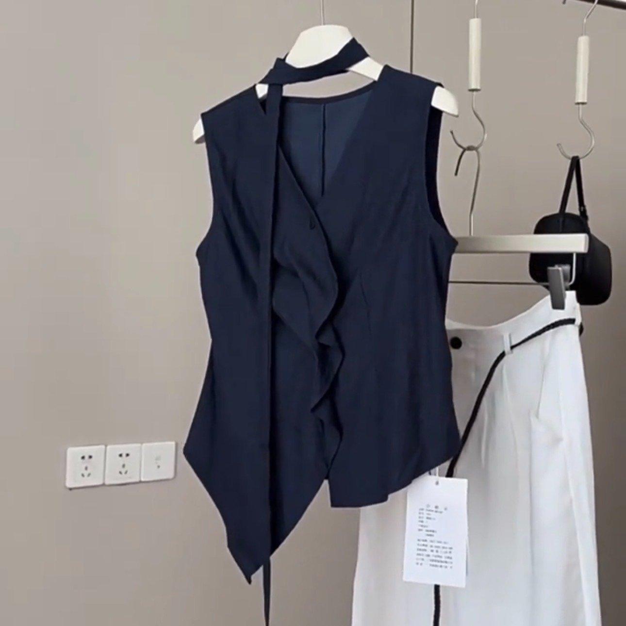 Navy V-neck Sleeveless Blouse for Women Summer Ruffled Blouse with An Asymmetrical Stunning Stylish Design S