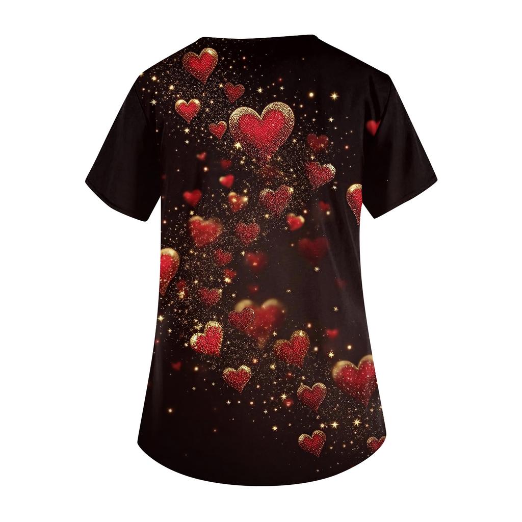 Damesmode werkkleding met V-hals, korte mouwen en bedrukte zakken