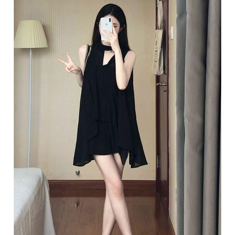 Elegant French-style Black Chiffon Halterneck Dress, Slimming & Flowy, Summer Chic for Mature Women Small