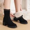 Fashion Black Chunky High Heels Women's Snow Boots Winter Fleece-lined Booties Comfortable and Elegant Fashion Ladies Shoes on Promotion