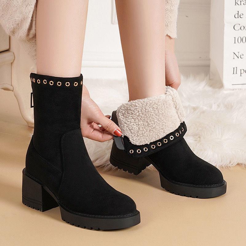 Fashion Black Chunky High Heels Women's Snow Boots Winter Fleece-lined Booties Comfortable and Elegant Fashion Ladies Shoes on Promotion