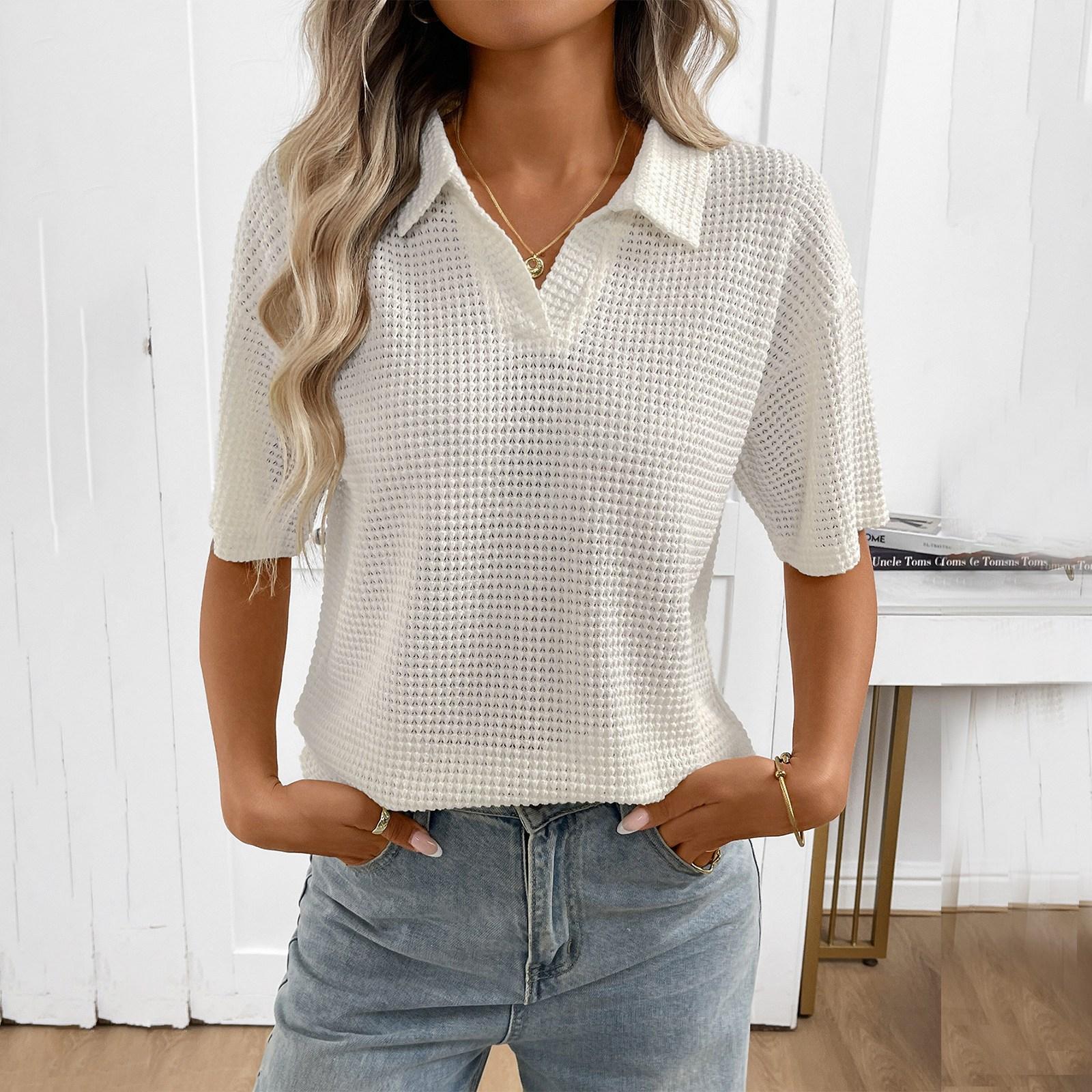 

Жіночий однотонний в язаний светр-пуловер вільного крою з коротким рукавом та коміром XXL бежевий