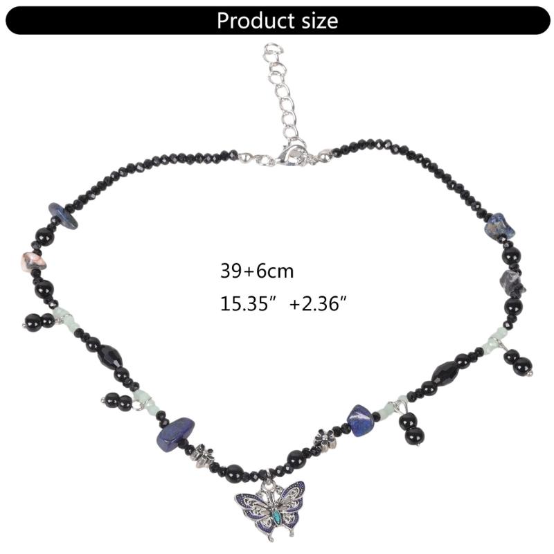 Fashion Metal Dragonflies Pendant Necklace Y2K Black Beads Chain Statement Choker Necklace for Women Club Punk Jewelry
