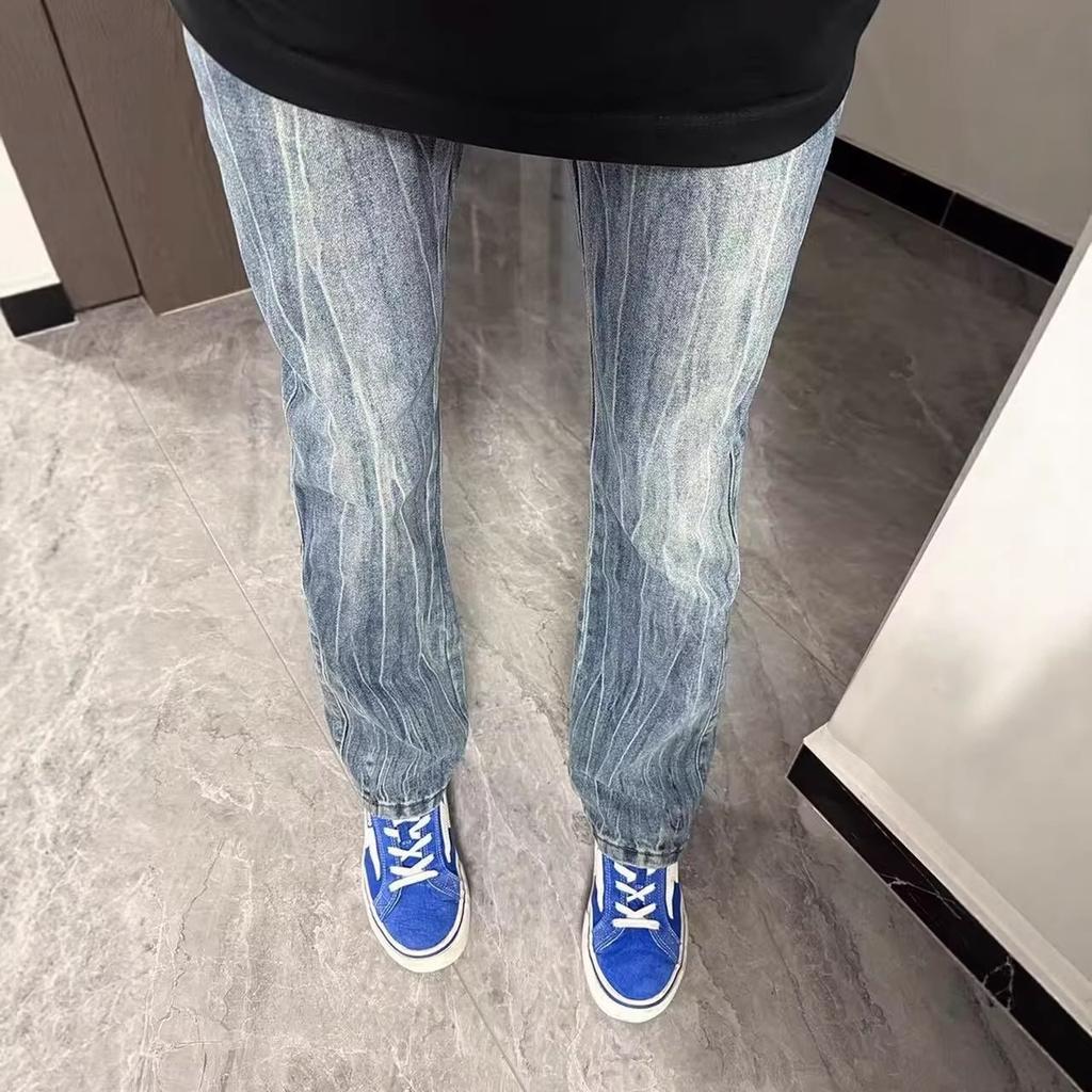 New American lightning burst jeans men's high street washed old straight slightly pulled casual long pants
