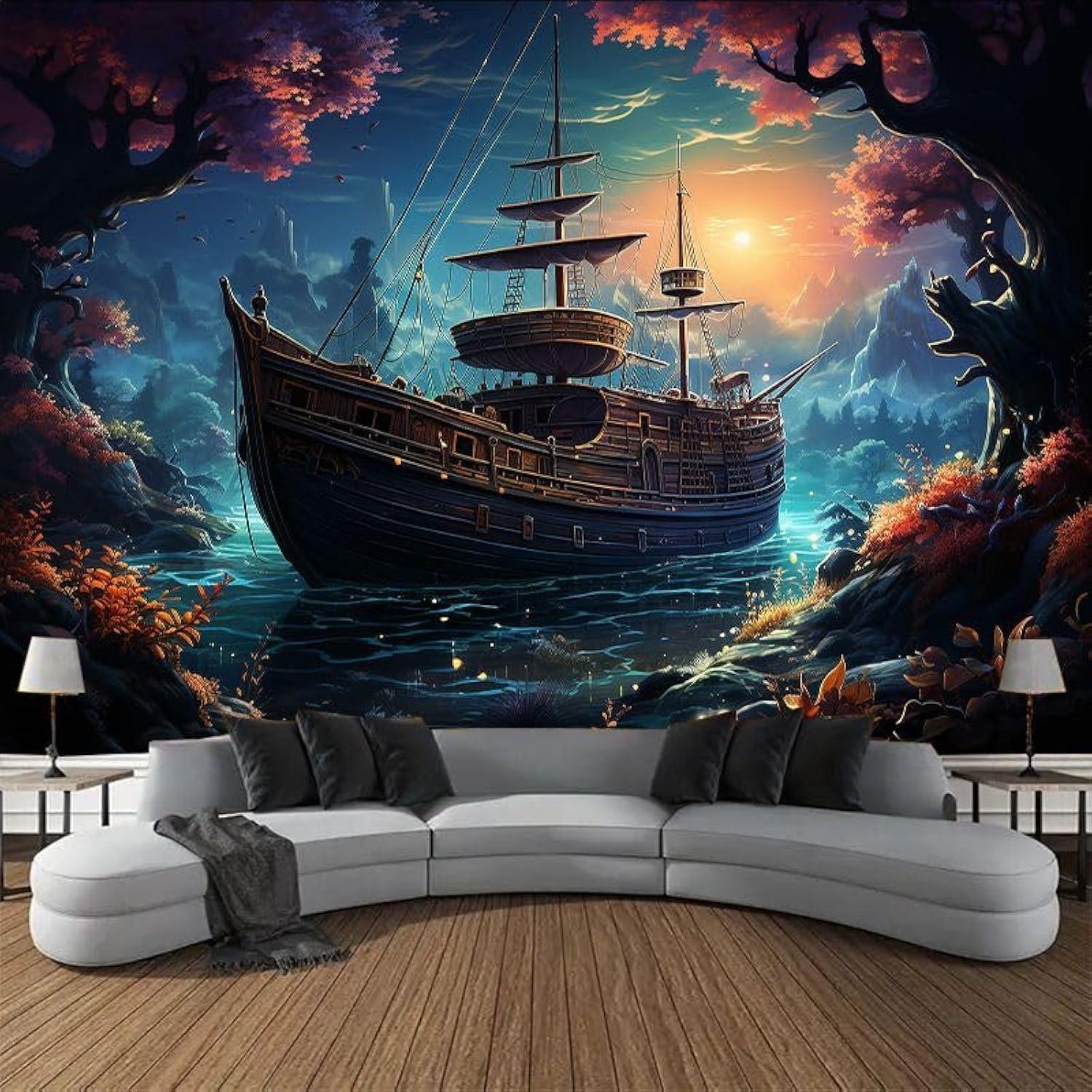 Sea wall tapestry - ghost of a sailboat 75x100 чёрный
