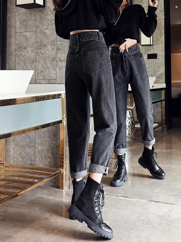 Women's High-Waisted Loose Slimming Winter Jeans - Plus Velvet, Gray, Belly-Covering Casual Harem Carrot Pants