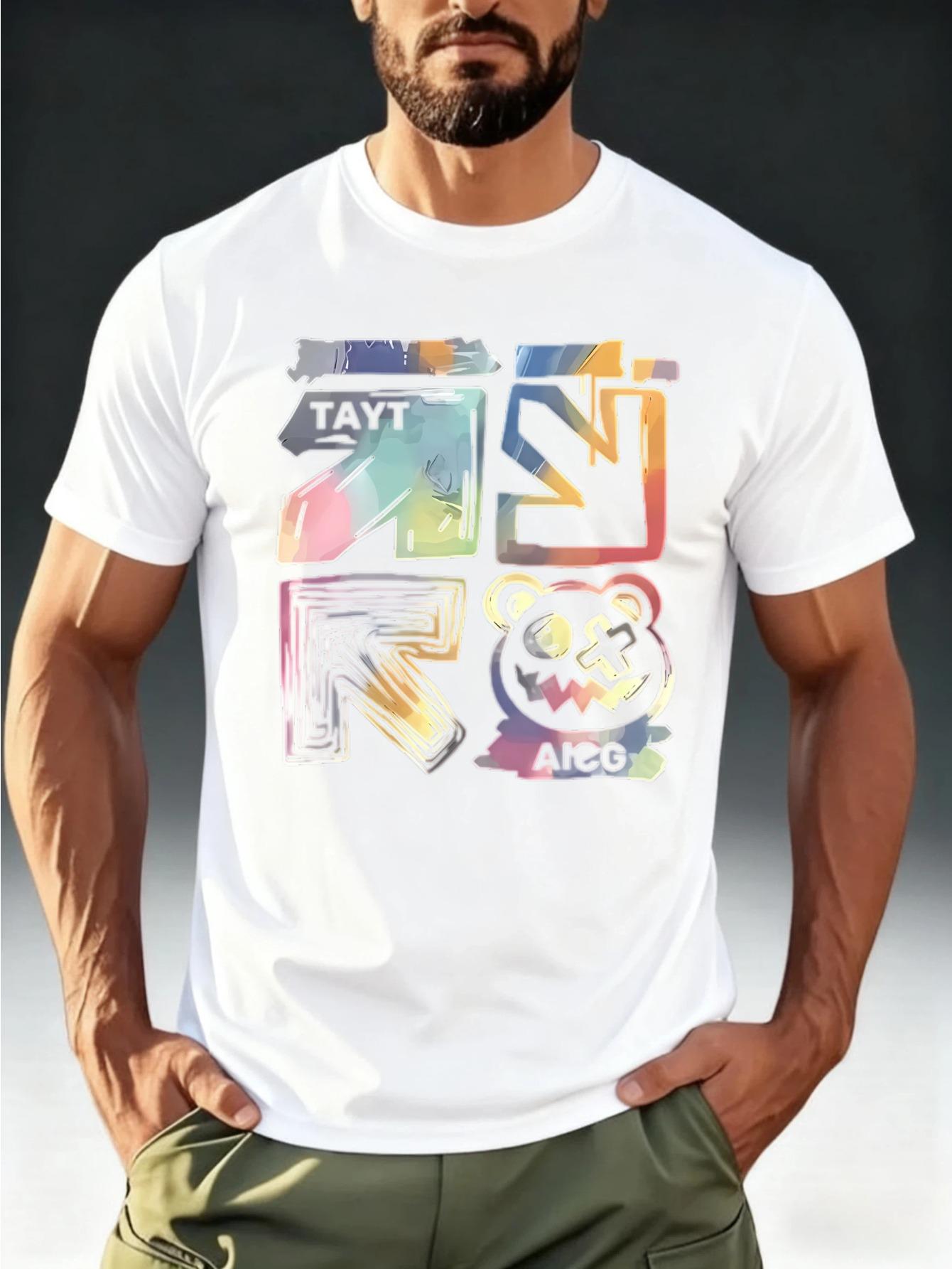 

Men S Trendy T-Shirt Featuring a Vibrant Cartoon Theme with Graffiti Letters + Little Bear Eye-Catching Print S