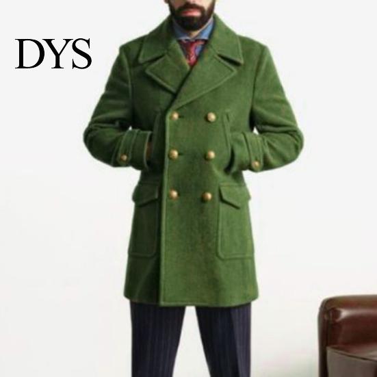 Men Winter Trench Coat Fall Turn-down Collar Double-braested Solid Color Thick Long Sleeve Daily Life Cardigan Pockets Notch British Style Mid Length