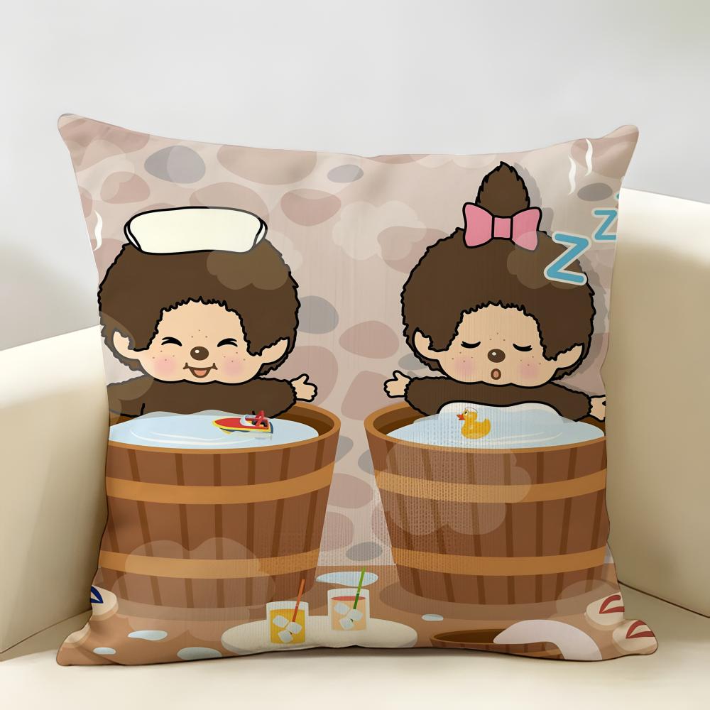 MMonchhichi Cute Cushion Cover Natural Linen Organic Fabric DoubleSided Printing Room Sofa Decor Pillow Case