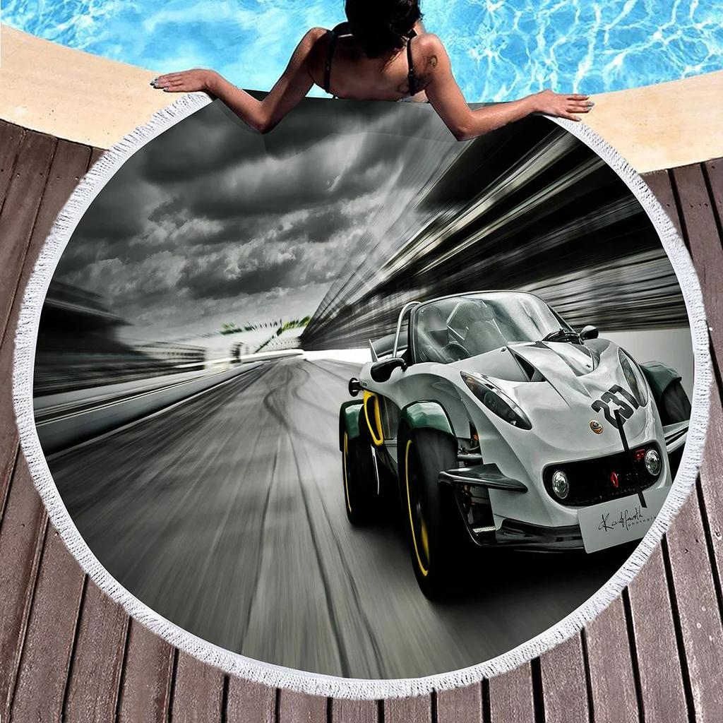 Sport Car Round Beach Towel,Cool Racing Print Sand Resistant Beach Blanket,Absorbent Quick Dry Pool Towel Portable Picnic Mat