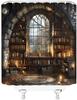 Vintage Bookshelf Shower Curtain Gothic Castle Library Arch Window Educational Antique Bookcase Old Books Candle Brown