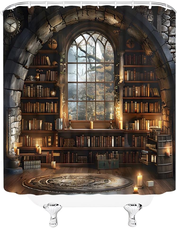 Vintage Bookshelf Shower Curtain Gothic Castle Library Arch Window Educational Antique Bookcase Old Books Candle Brown