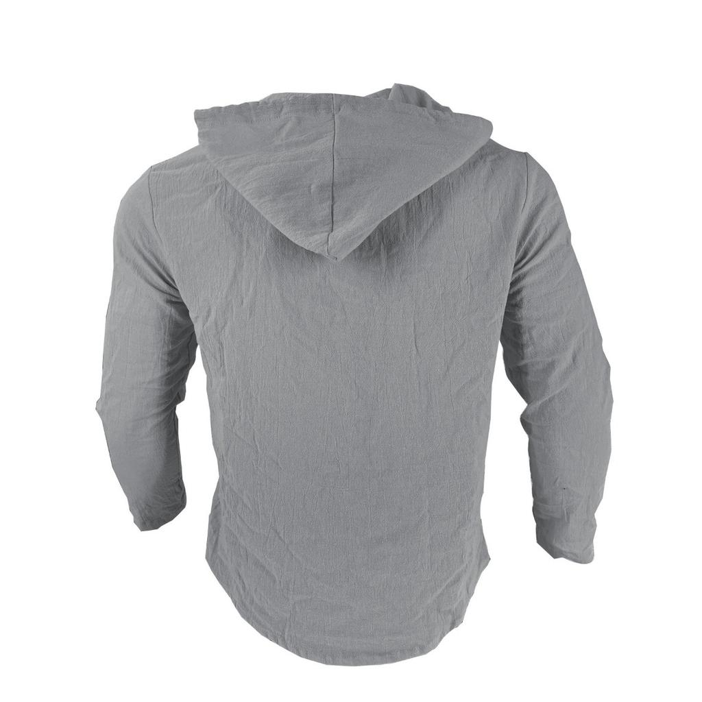 Spring and Summer Men's Hooded T-shirt Solid Color Cotton Linen Men's Casual Long Sleeved Top