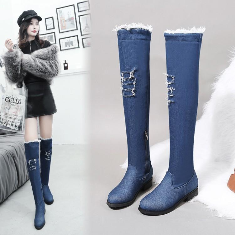 Academy New Fashion Denim Face Low Heel Square Heel 32-48 Size Paint Boots