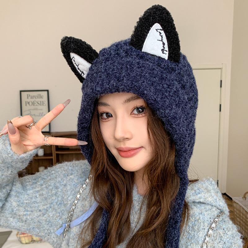 Autumn and winter cute fox ears knitted wool hat children warm braids straps ear protectors show face small cold hat