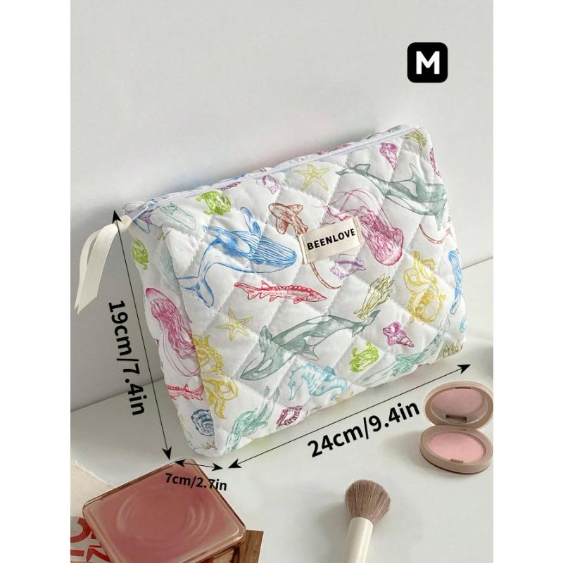 1Pc Colorful Marine Life Pattern Quilting Cosmetic Bag, Cosmetic Pouch, Makeup Bag Large Capacity Kawaii Toiletries Bag Travel Toiletry Organizer