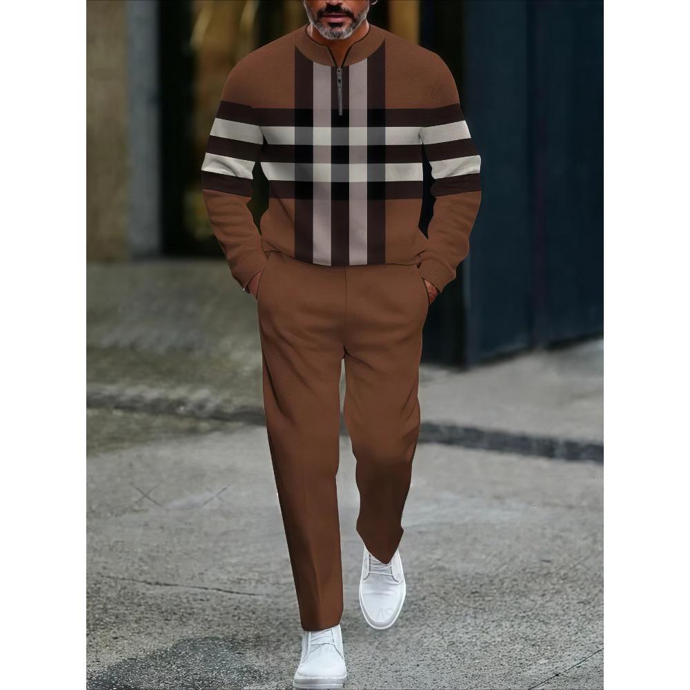 Spring Autumn Fashion Streetwear Men's Long-Sleeved Half-Zipper Stand-Up Collar Casual Sportswear Men's Clothing Two-Piece Set