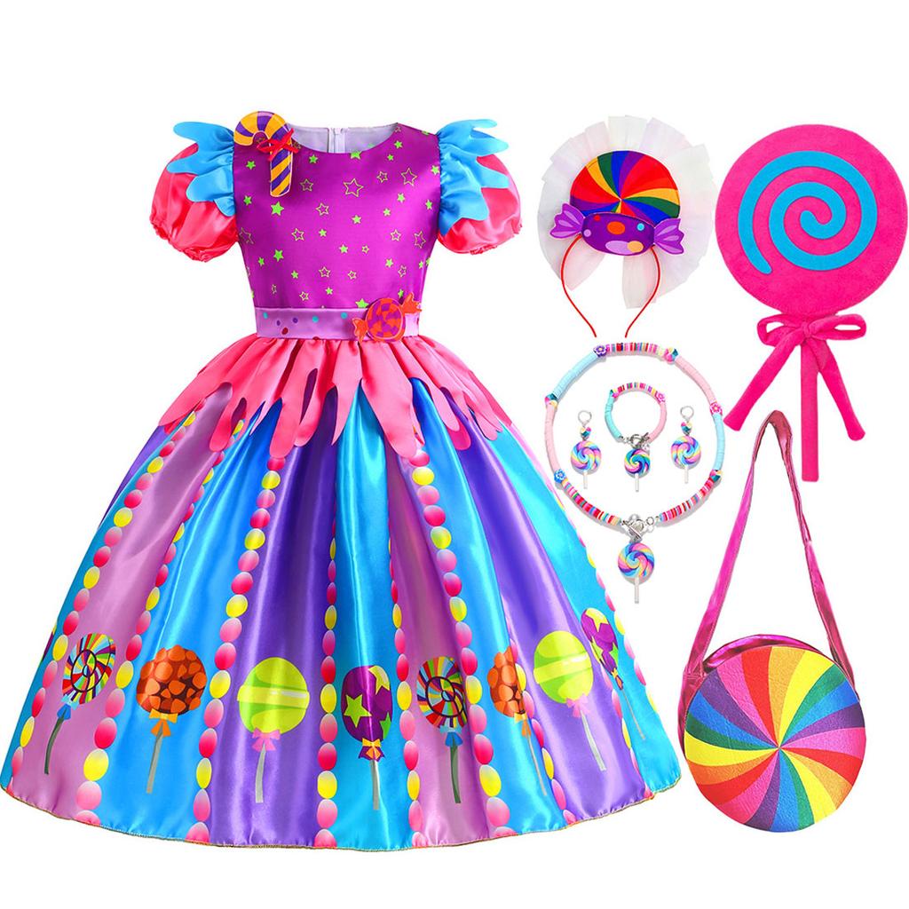 Purim Festival Suspender Rainbow Dress For Girl Candy Lollipop Costume Party Gift Candy Dress + Lollipop Accessories Suit