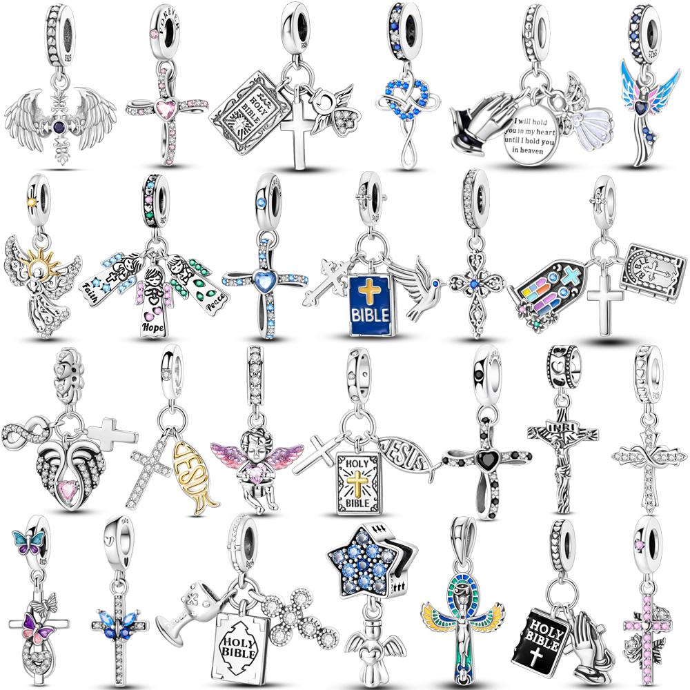 Charms Copper Angel Crucifix Cross Dangle Religious Beads Fit Snake Chain Bracelet Necklace Women Diy Jewelry