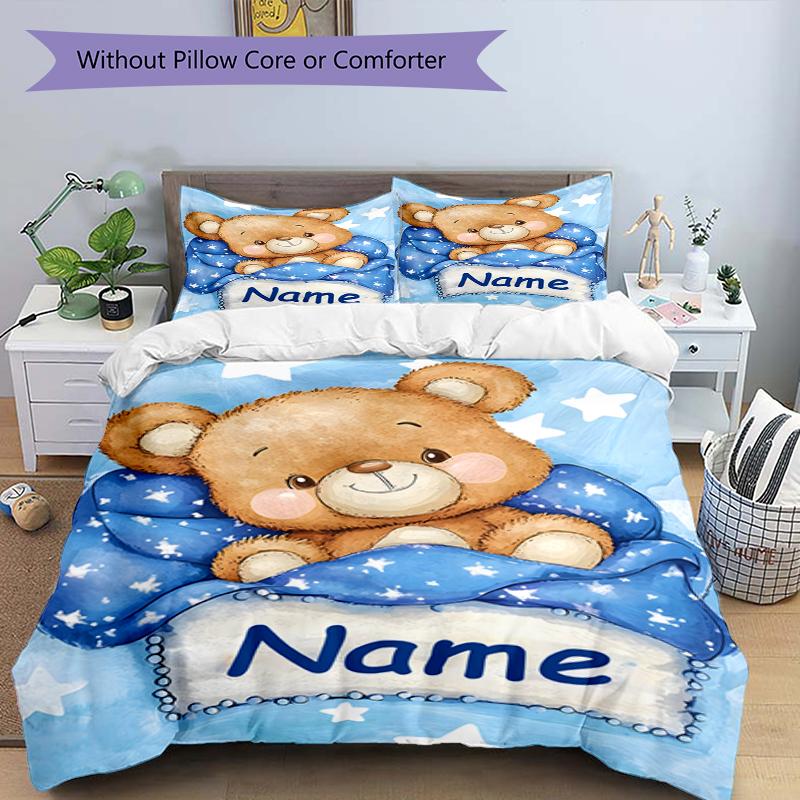 3PC Custom Name Teddy Bear Dreams Bedding Set Duvet Cover Closure Includes 1 Duvet Cover & 2 Pillowcases for Bedroom
