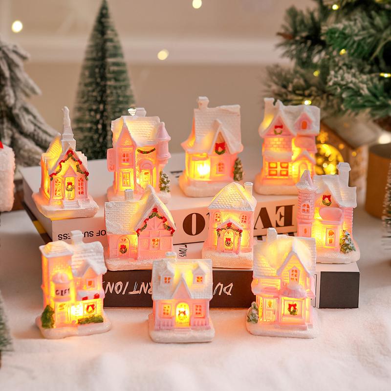 Christmas Decorations Resin Small House Light Up Village House Figurines Cartoon Table Ornament For Holiday Gift Cute Christmas