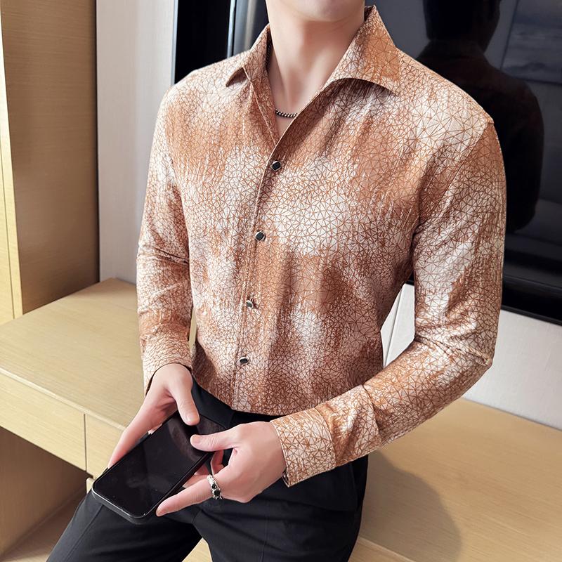 British Style Men's Social Shirts Fashion Print Long Sleeve Mens Dress Shirt Slim Fit All Match Business Formal Wear Blouses Man