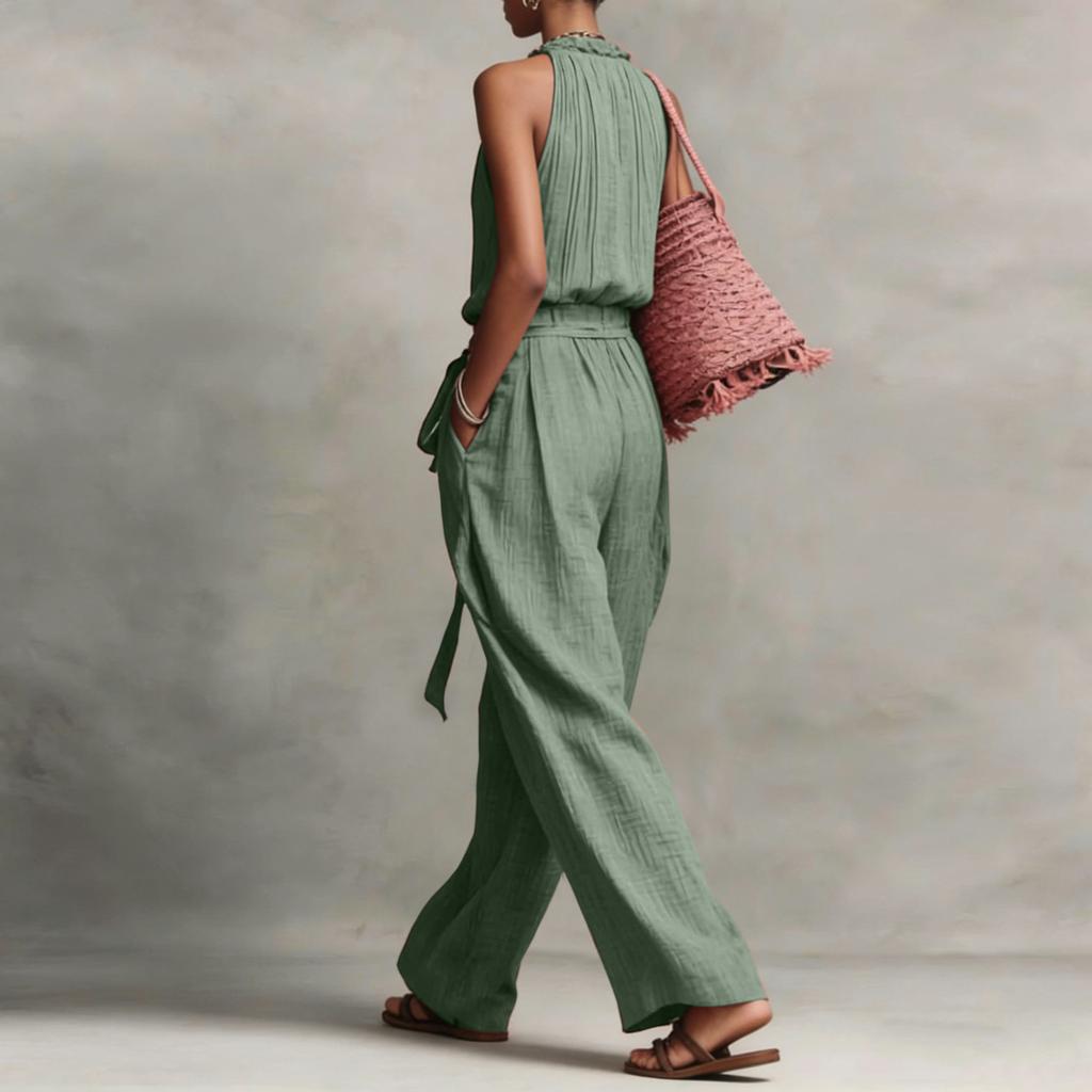 Sleeveless Neck Wide Leg Jumpsuit with Adjustable Waist Tie and Pleated Detailing for Women Casual Style