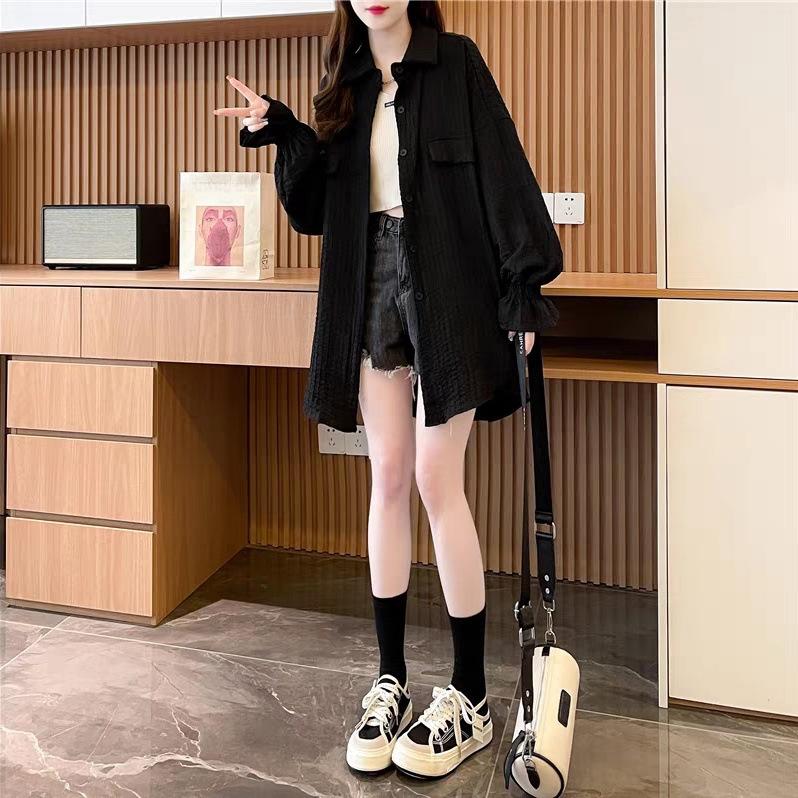Women Summer Mid Shirts Long Sleeve Korean Loose White Black Shirt Spring Tops