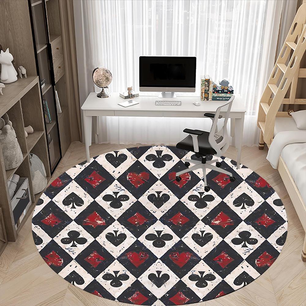 1pc Playing Cards Pattern Office Round Area Rug, Indoor Mat Suitable For Office, Under Office Chairs Bedroom Living Room Home Decor, Room Deco