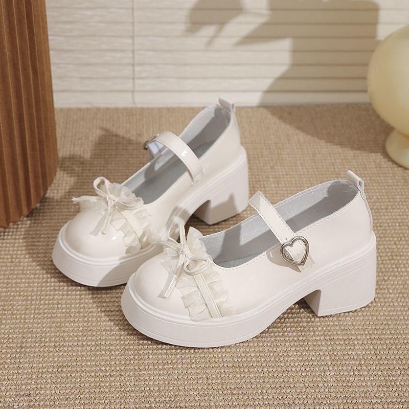 Bow Thick Mary Jane Single Shoes Women's 2025 Summer New Height Increase French Versatile High Heel Small Leather Shoes Women