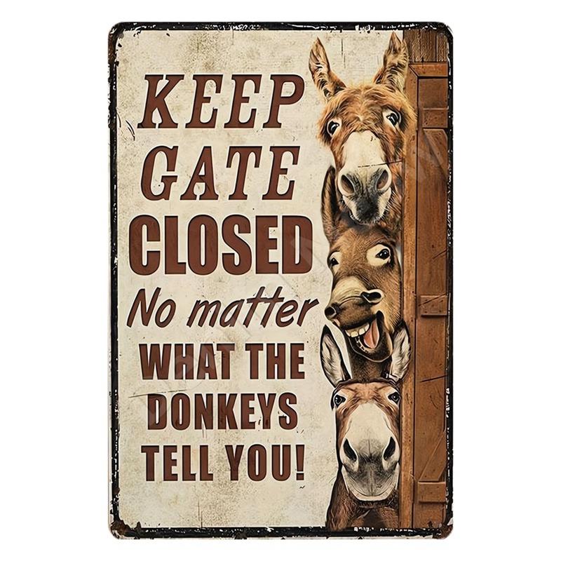 Vintage Metal Tin Sign Keep Gate Closed Funny Dog Horse Cat Sayings Wall Art Animal Lawn Garden Yard Decor