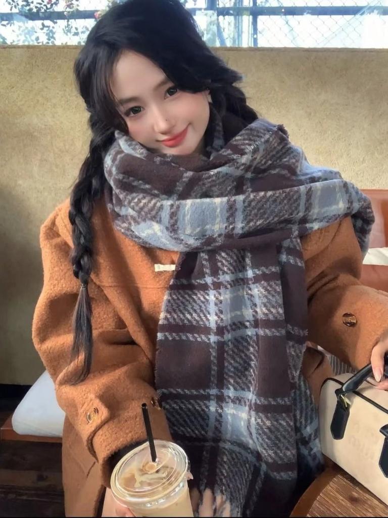 Mohair plaid scarf women's winter sea salt milk coffee blue thickened atmosphere warm student shawl scarf