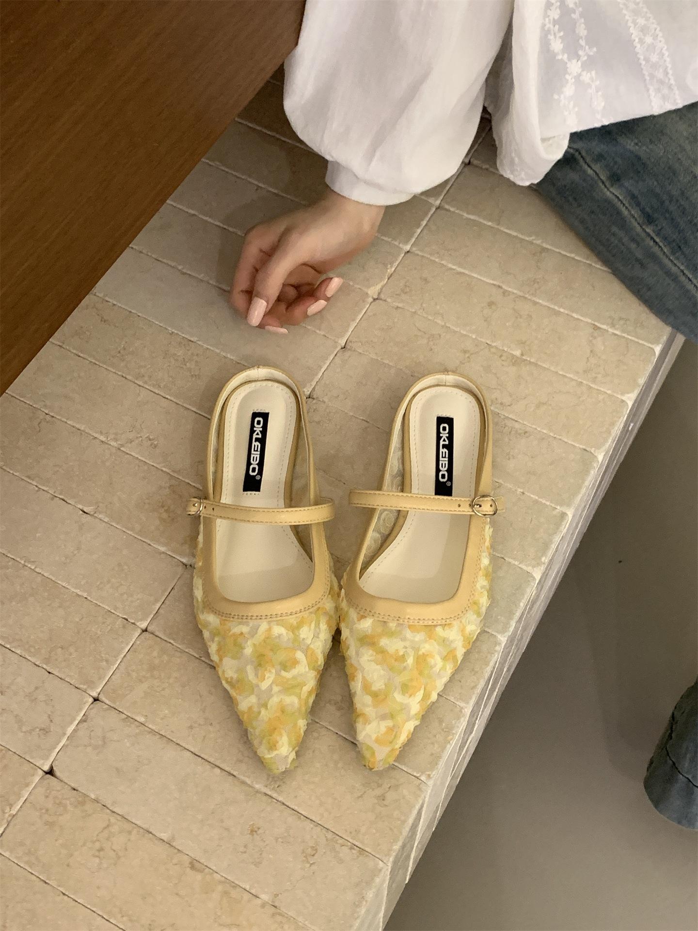 Gentle Wind Mary Jane Baotou Slippers Women S One-Word Button Pointed Versatile Half Slippers Summer 35