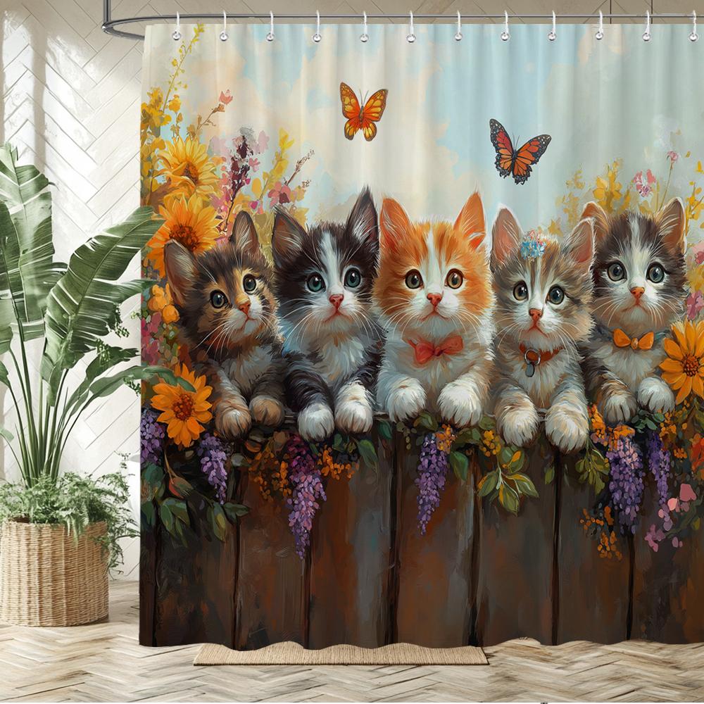 Lovely Dogs And Cats Printed Fabric Shower Curtain Bathroom Curtain,Garden Flower Animals Home Decoration Curtain With Hooks