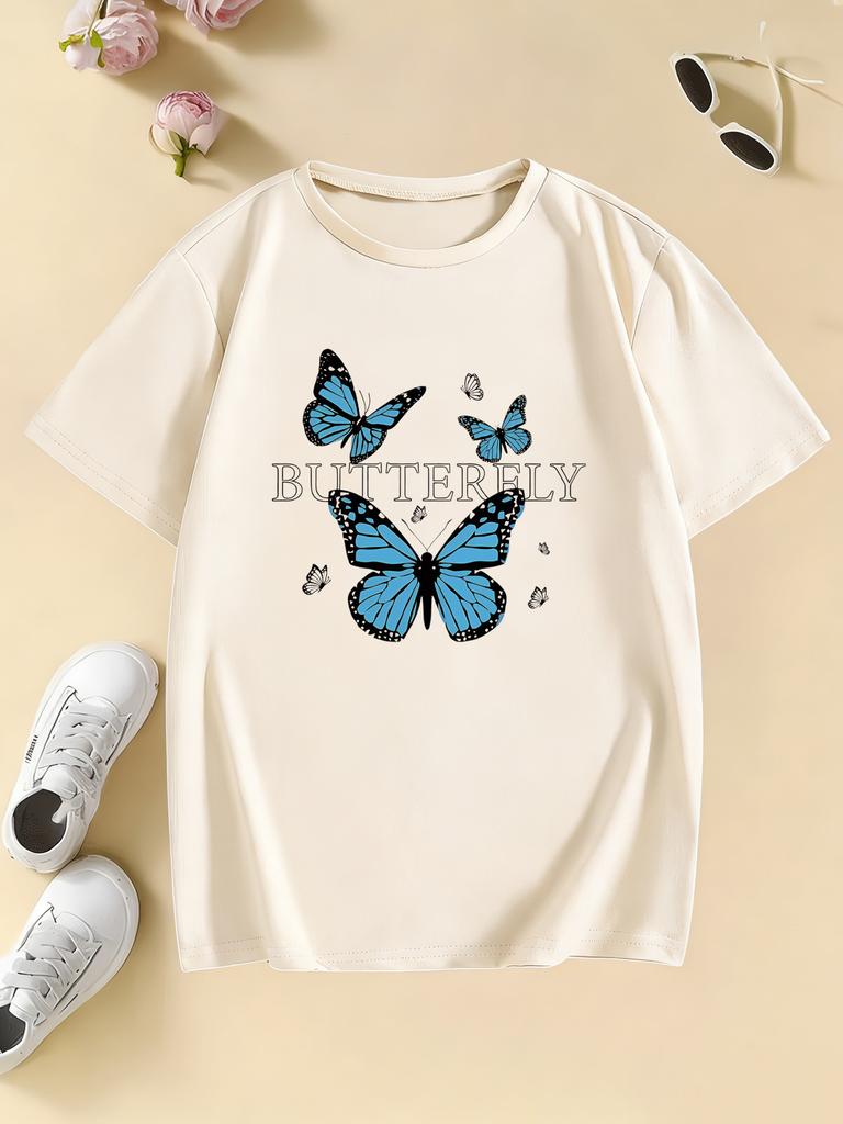 Girls Blue Butterfly Fashion Design T Shirts Kids Childrens Tshirt Boys Girls Summer Spring Casual Top Tee